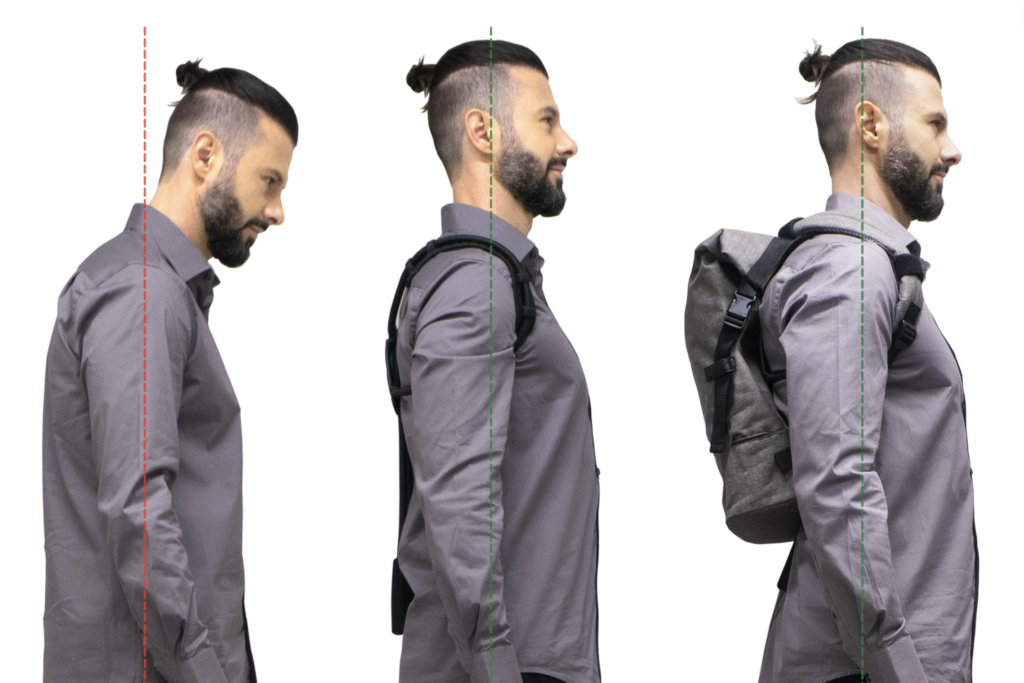 Before and after backpack posture correction with Backpack Transformer.